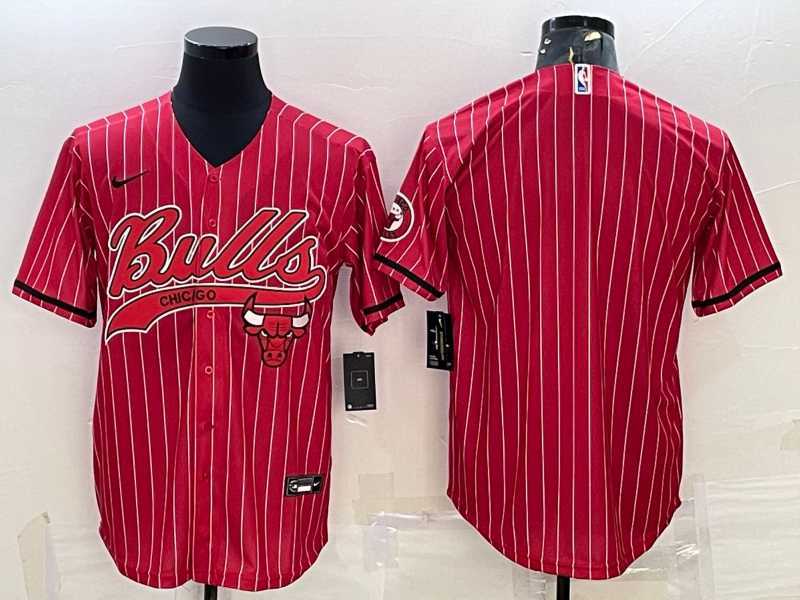 Men%27s Chicago Bulls Blank Red Pinstripe With Patch Cool Base Stitched Baseball Jersey